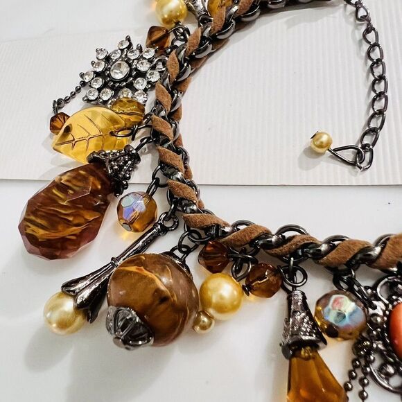 Art Glass Dangle Charm Bracelet Faux Pearl Leather Rhinestone Dangle Brown Yello - Picture 7 of 10